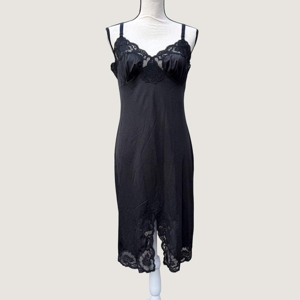 Vintage Shadowline Black Lace Trim Full Slip Dress 36 Tall Made in USA Nylon